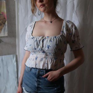 H&M Cotton Low Neck Peasant Crop Top 100% Cotton XS